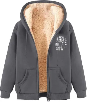 Omen's Casual Full Zip Up Sherpa Lined Hoodie Dandelion Print Oversized Sweatshirt Jackets Loose Pockets Outwear Coat
