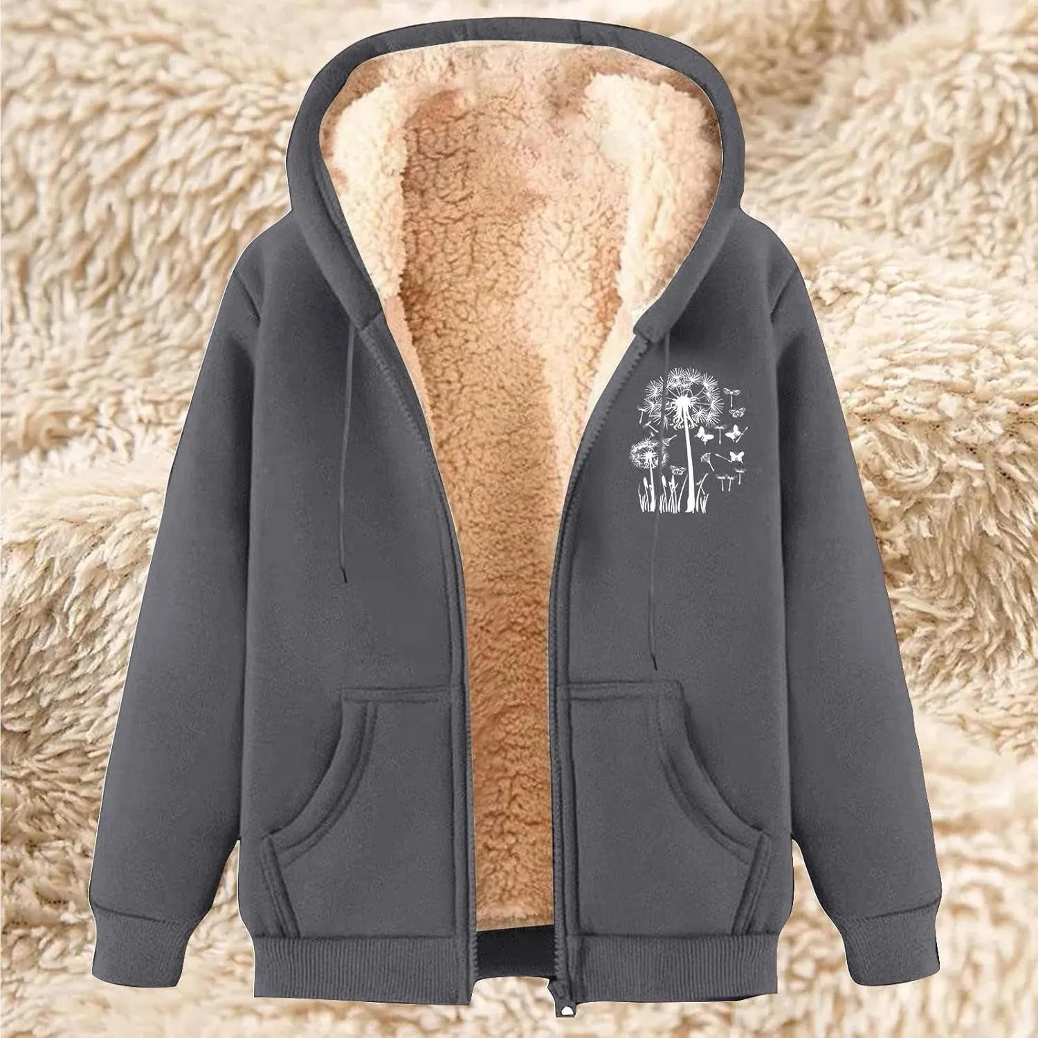 Omen's Casual Full Zip Up Sherpa Lined Hoodie Dandelion Print Oversized Sweatshirt Jackets Loose Pockets Outwear Coat