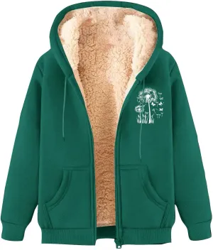 Omen's Casual Full Zip Up Sherpa Lined Hoodie Dandelion Print Oversized Sweatshirt Jackets Loose Pockets Outwear Coat