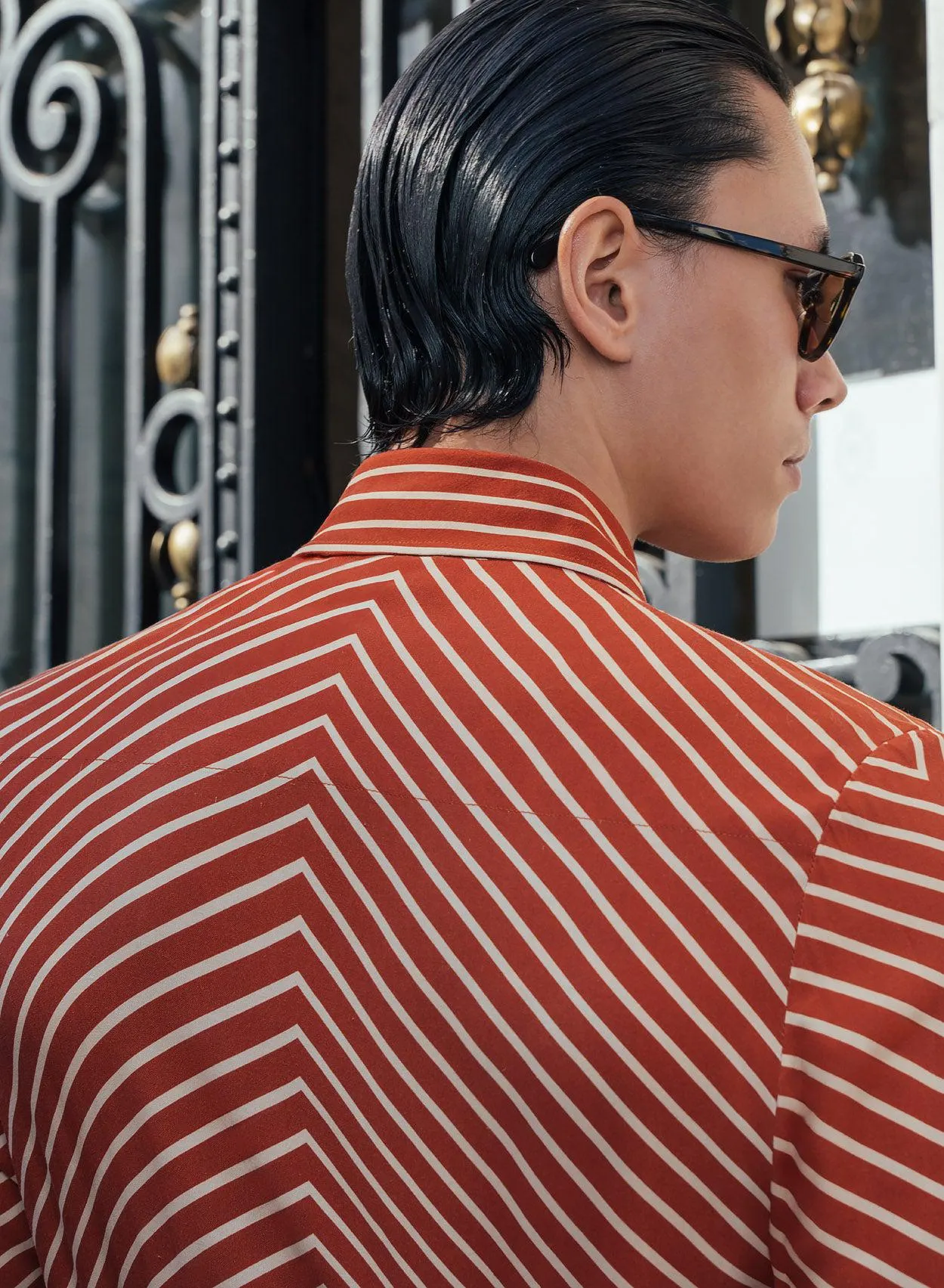 Orange Symmetrical Pin Stripe Long Sleeve Viscose Shirt