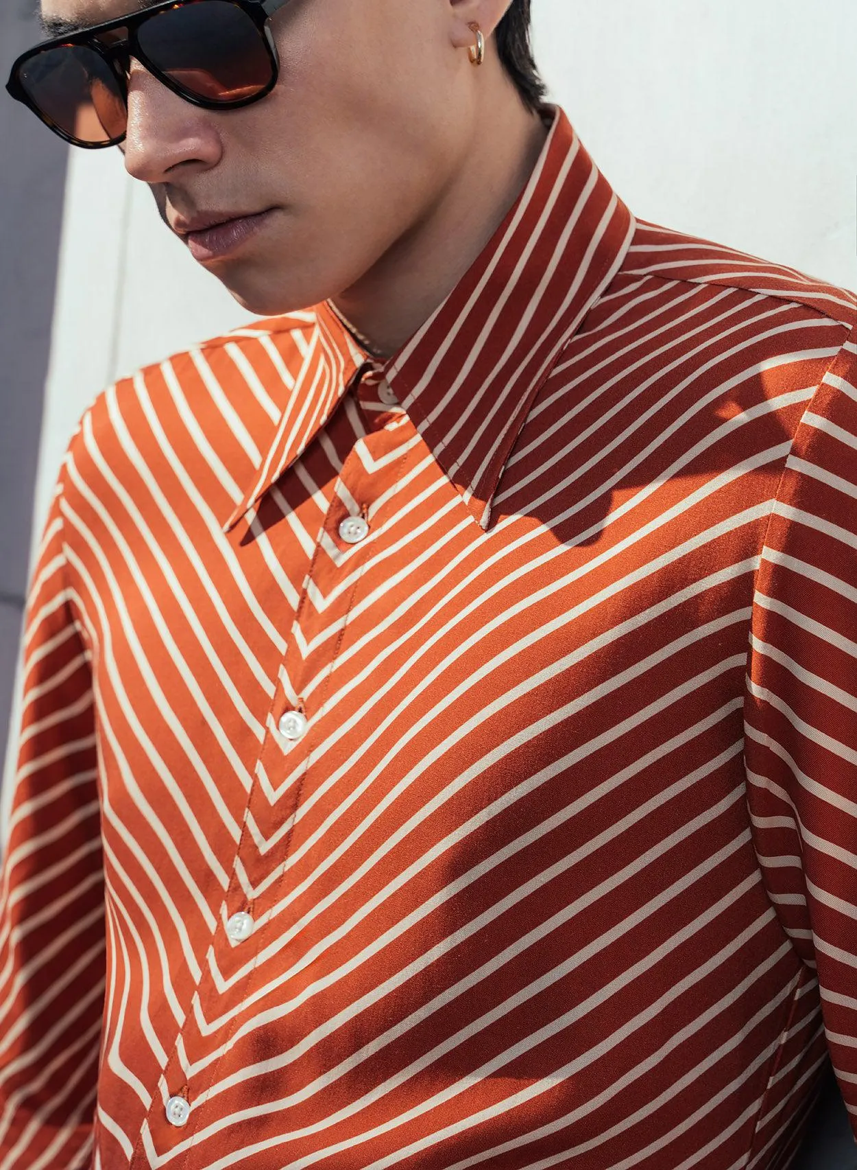 Orange Symmetrical Pin Stripe Long Sleeve Viscose Shirt