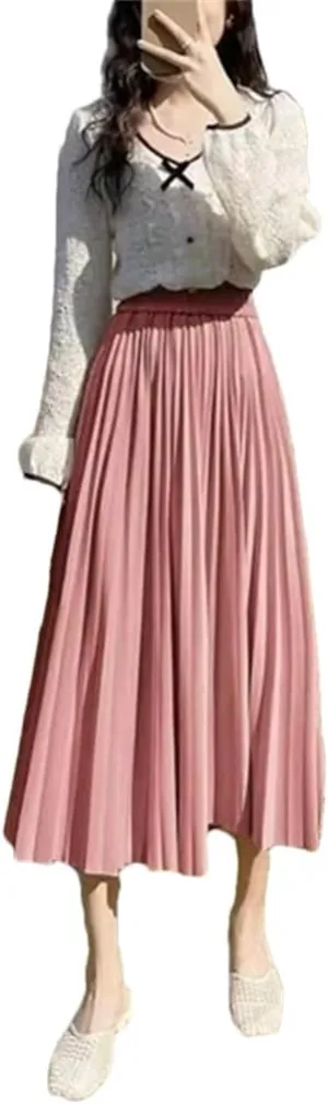 Pleated Skirts Women Spring Summer Casual Elastic High Waist Midi Long Skirts Fashion Ladies Party Work Skirts