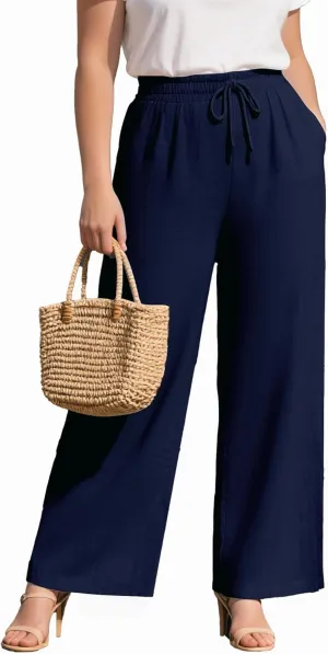 Plus Size Cotton Linen Casual Pants for Women, Summer Lounge Wide Leg Palazzo High Waist Drawstring Pockets Trouser