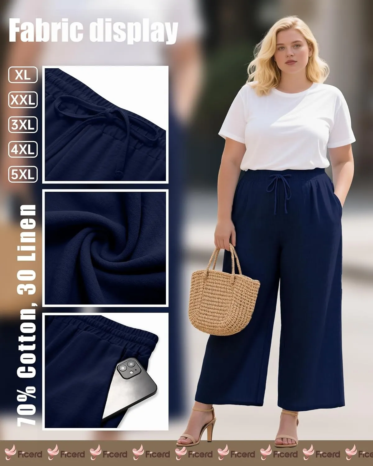 Plus Size Cotton Linen Casual Pants for Women, Summer Lounge Wide Leg Palazzo High Waist Drawstring Pockets Trouser