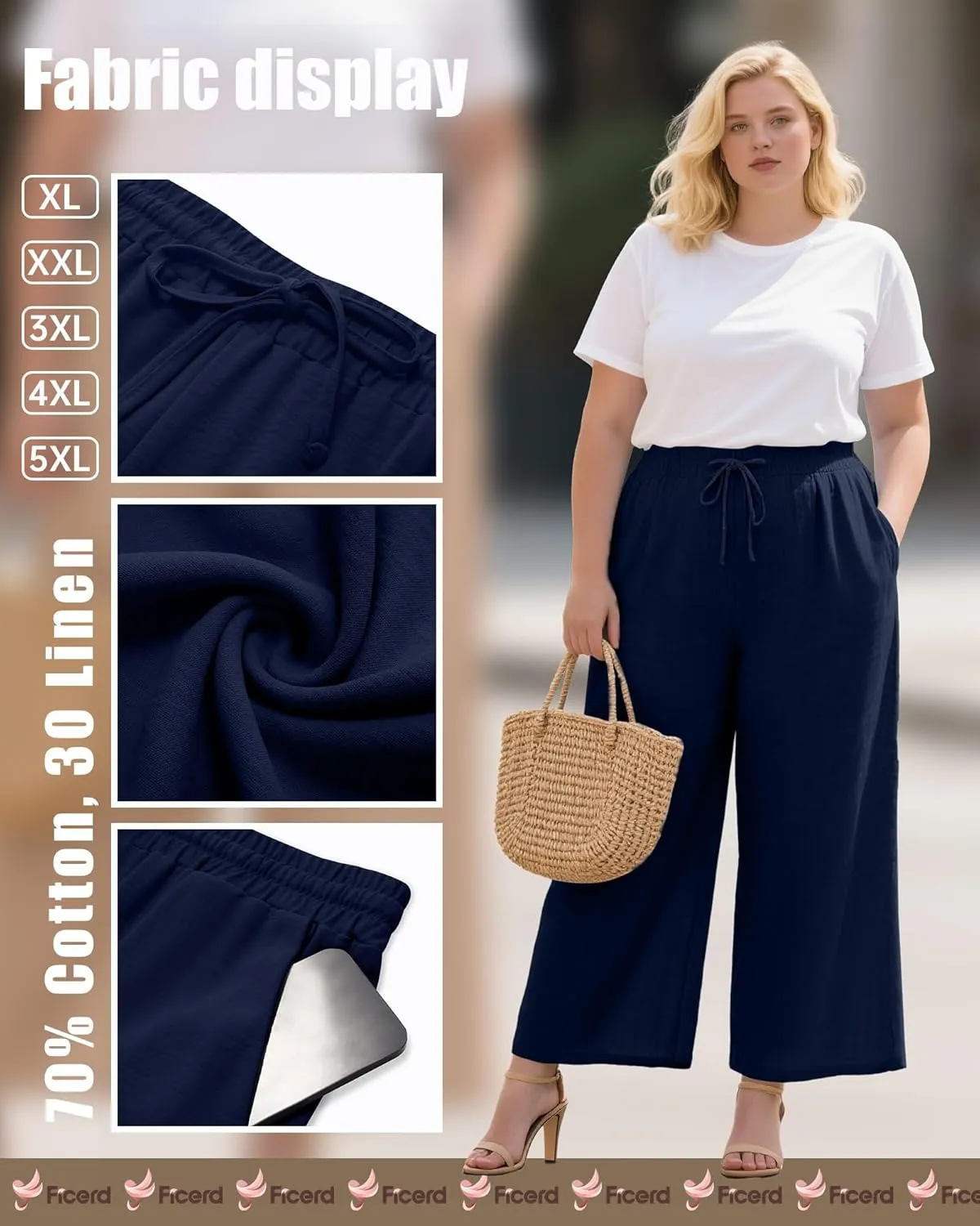 Plus Size Cotton Linen Casual Pants for Women, Summer Lounge Wide Leg Palazzo High Waist Drawstring Pockets Trouser