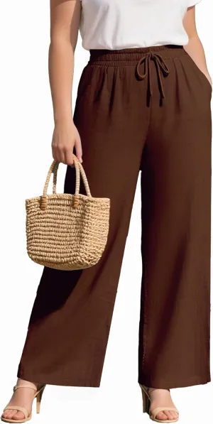 Plus Size Cotton Linen Casual Pants for Women, Summer Lounge Wide Leg Palazzo High Waist Drawstring Pockets Trouser