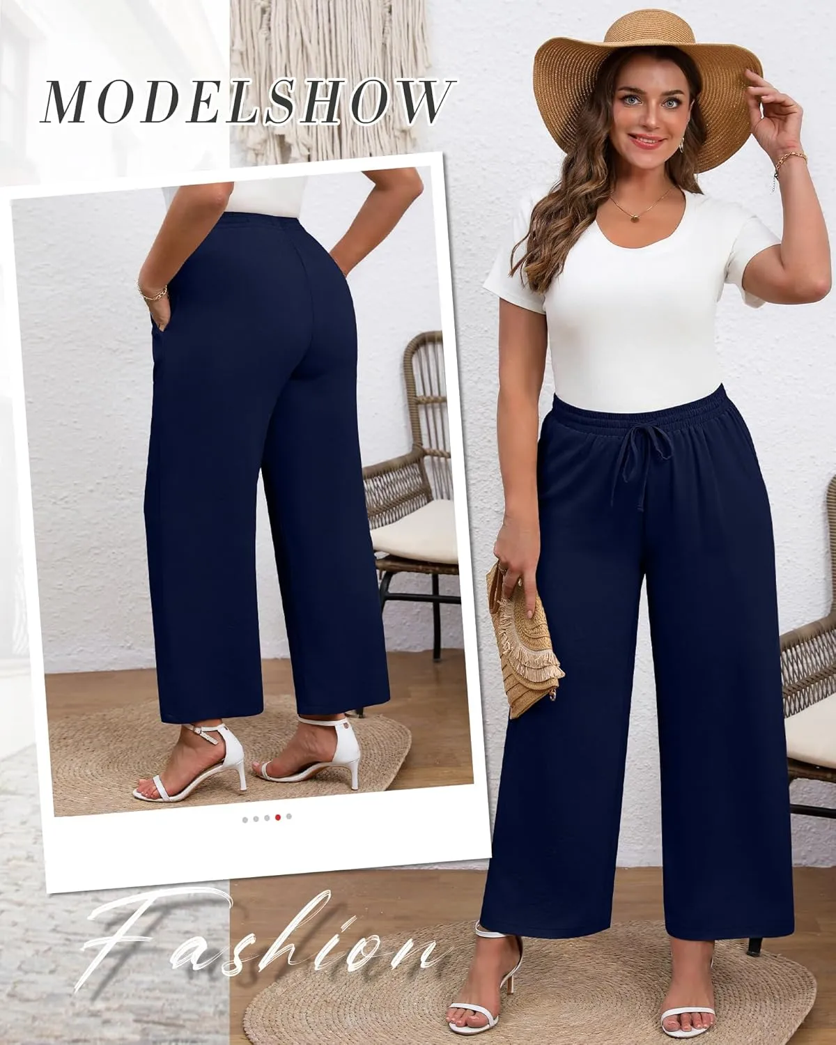 Plus Size Cotton Linen Casual Pants for Women, Summer Lounge Wide Leg Palazzo High Waist Drawstring Pockets Trouser