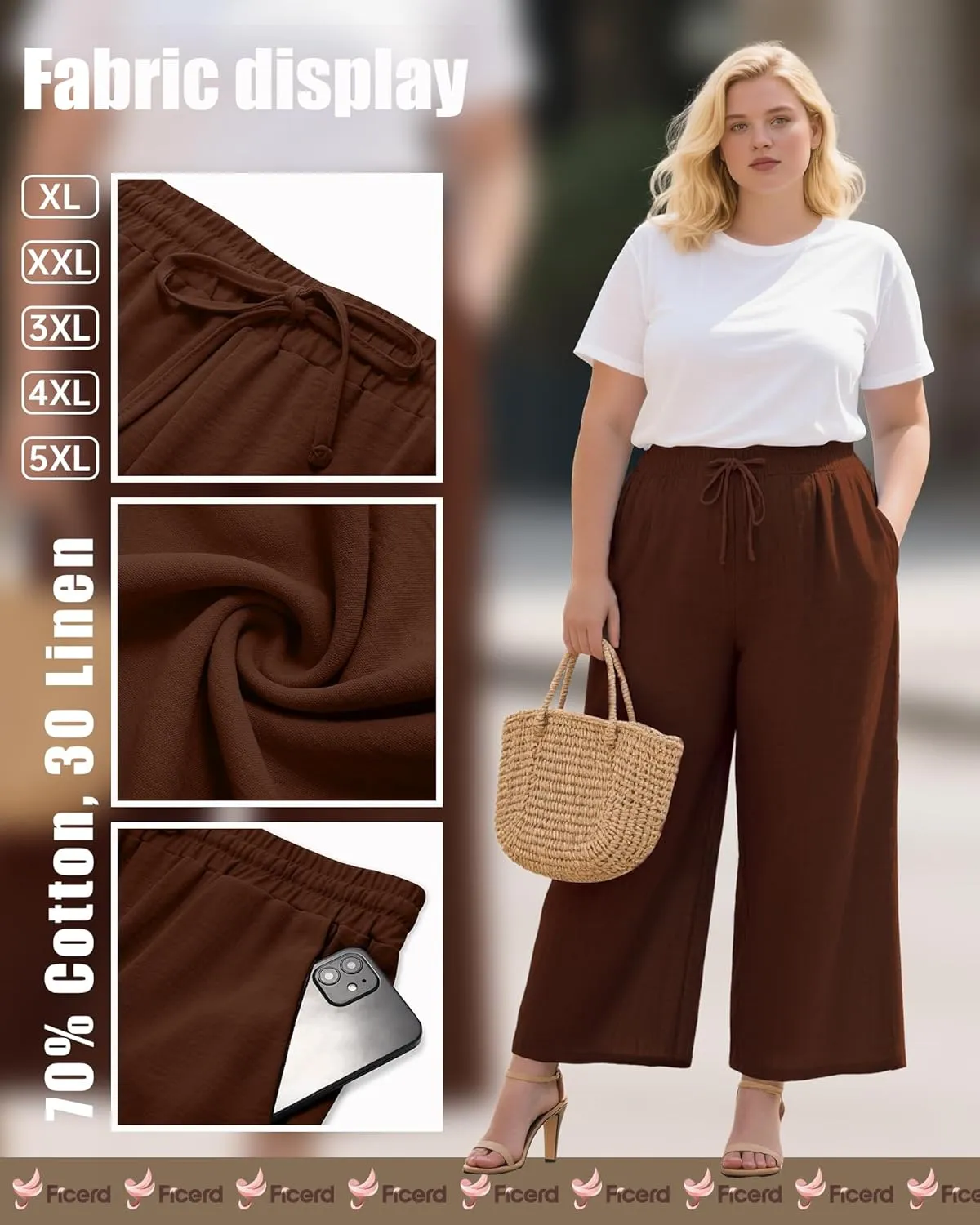 Plus Size Cotton Linen Casual Pants for Women, Summer Lounge Wide Leg Palazzo High Waist Drawstring Pockets Trouser