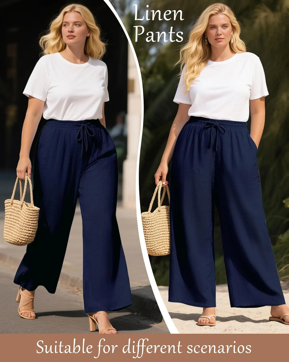 Plus Size Cotton Linen Casual Pants for Women, Summer Lounge Wide Leg Palazzo High Waist Drawstring Pockets Trouser