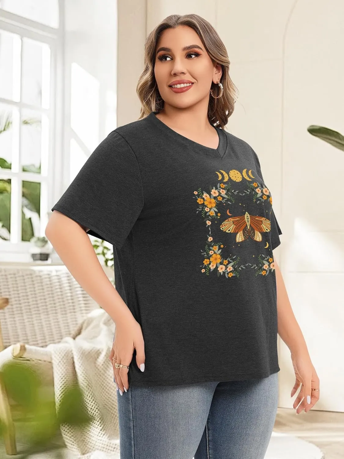 Plus Size T Shirt for Women Graphic Tees Short Sleeve Floral Print Loose Fit Summer Casual Tops 1XL-5XL