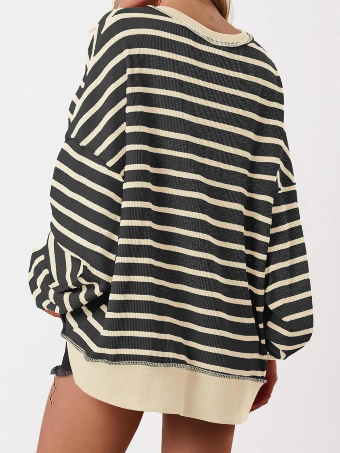 PRETTYGARDEN Womens Fall 2025 Striped Oversized Sweatshirt Long Sleeve Button Up Henley Neck Waffle Knit Pullover Tunic Tops