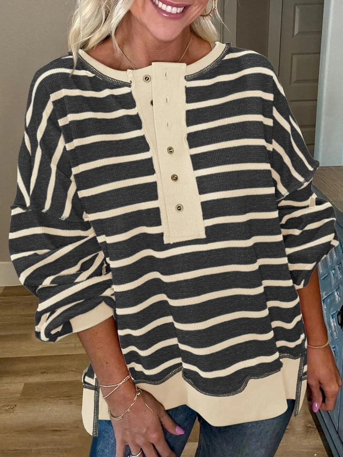 PRETTYGARDEN Womens Fall 2025 Striped Oversized Sweatshirt Long Sleeve Button Up Henley Neck Waffle Knit Pullover Tunic Tops