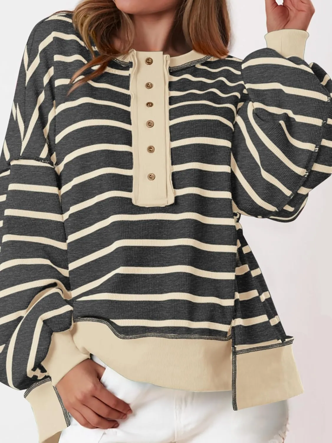 PRETTYGARDEN Womens Fall 2025 Striped Oversized Sweatshirt Long Sleeve Button Up Henley Neck Waffle Knit Pullover Tunic Tops