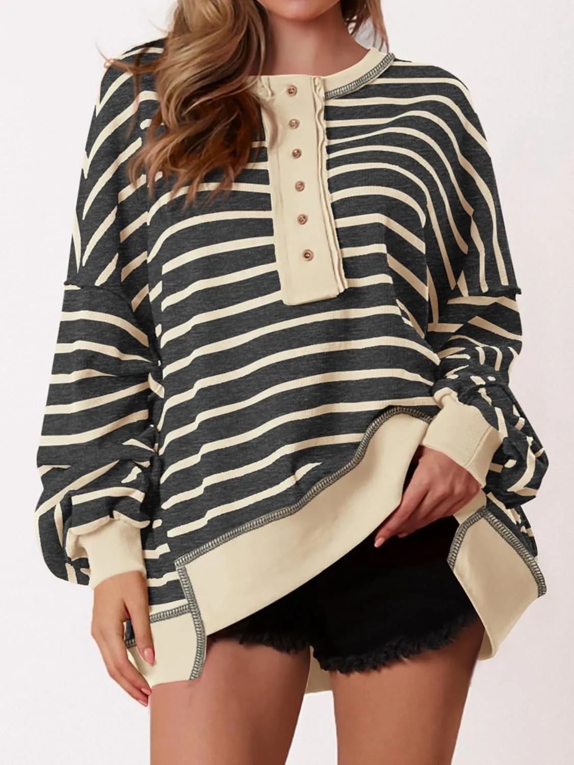 PRETTYGARDEN Womens Fall 2025 Striped Oversized Sweatshirt Long Sleeve Button Up Henley Neck Waffle Knit Pullover Tunic Tops