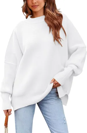 PRETTYGARDEN Women's Oversized Sweater 2025 Casual Spring Outfits Crewneck Long Sleeve Loose Slit Rib Knit Pullover Tops
