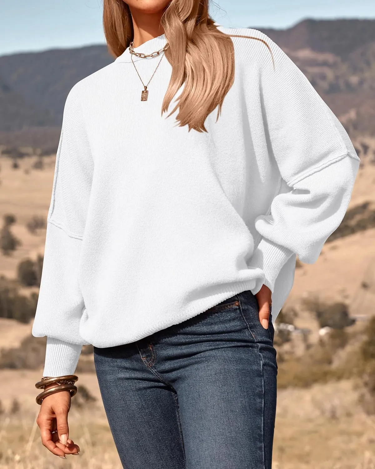 PRETTYGARDEN Women's Oversized Sweater 2025 Casual Spring Outfits Crewneck Long Sleeve Loose Slit Rib Knit Pullover Tops