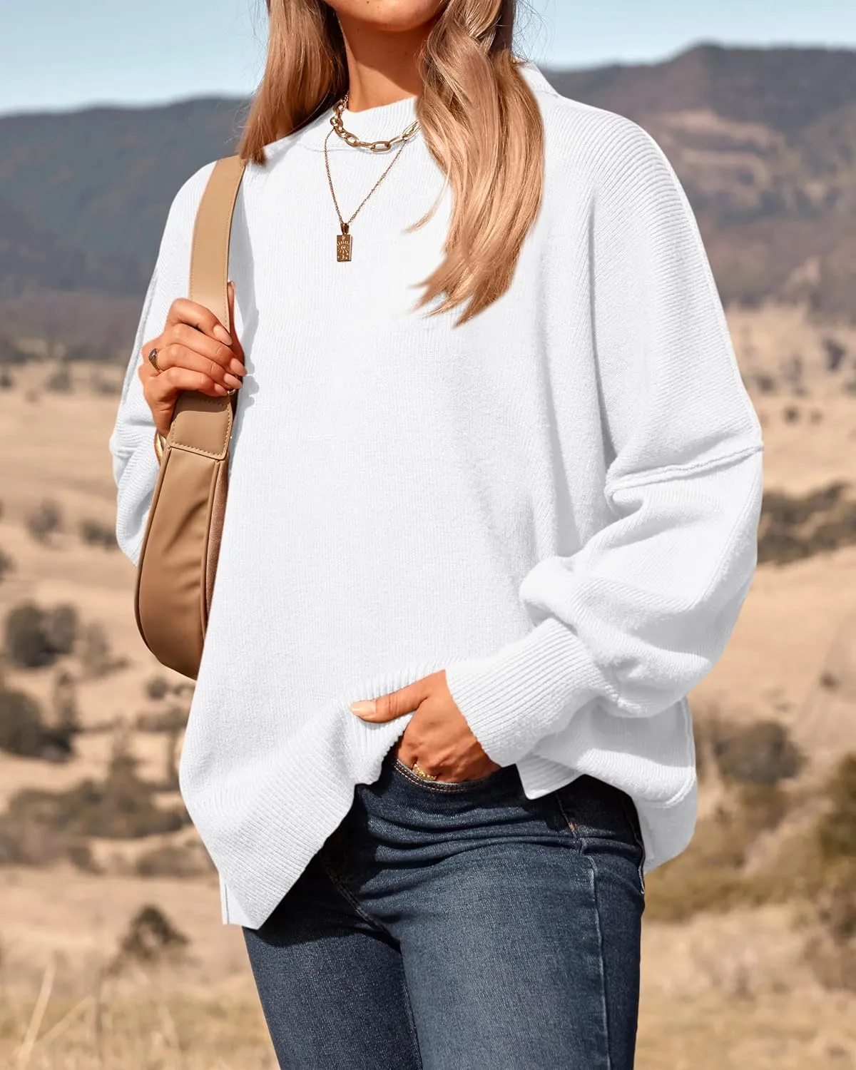 PRETTYGARDEN Women's Oversized Sweater 2025 Casual Spring Outfits Crewneck Long Sleeve Loose Slit Rib Knit Pullover Tops