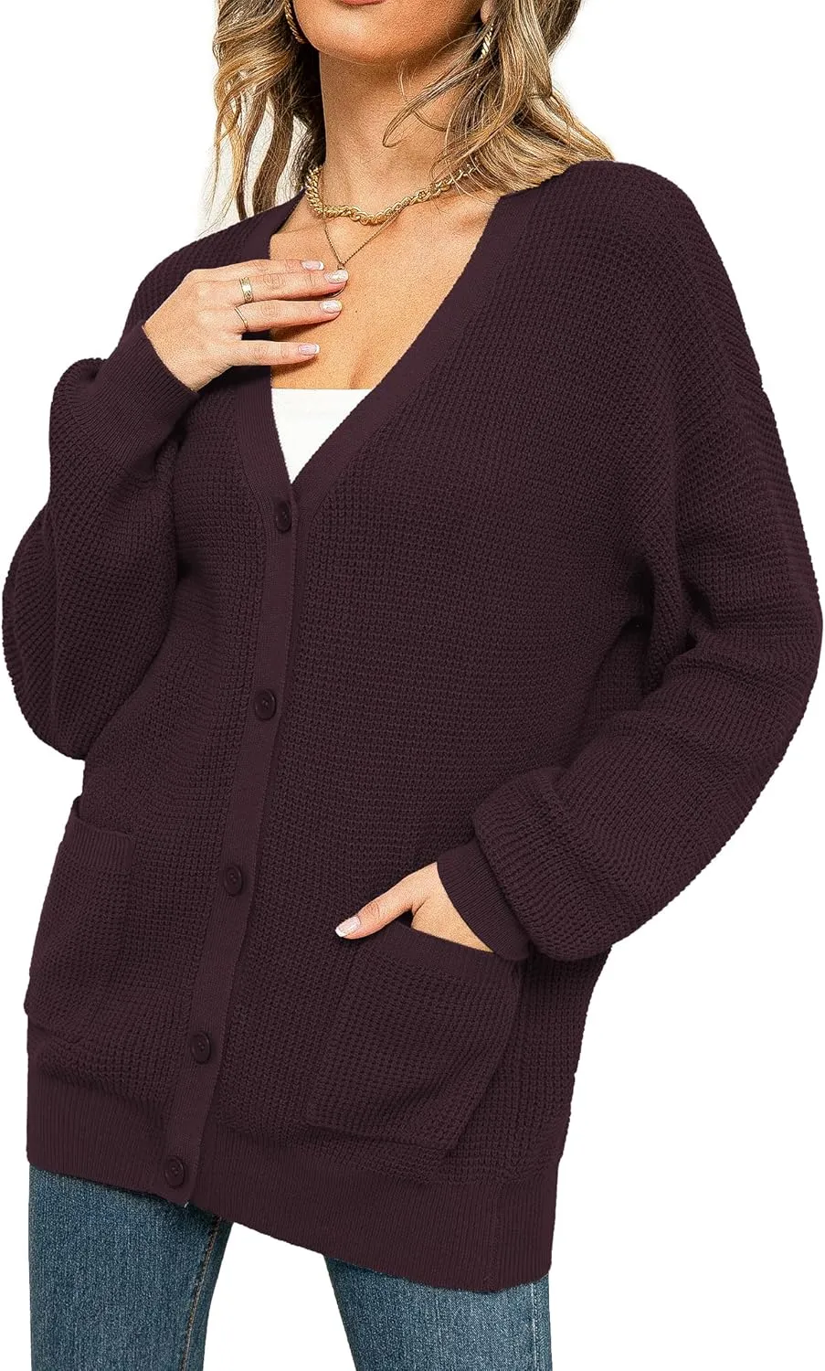 QUALFORT Women's 100% Cotton Cardigan Sweaters for Women Button Down Oversized Knit Outerwear with Pockets