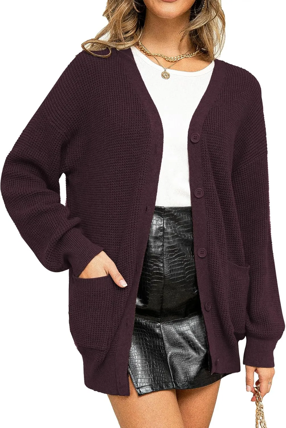 QUALFORT Women's 100% Cotton Cardigan Sweaters for Women Button Down Oversized Knit Outerwear with Pockets