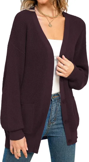 QUALFORT Women's 100% Cotton Cardigan Sweaters for Women Button Down Oversized Knit Outerwear with Pockets