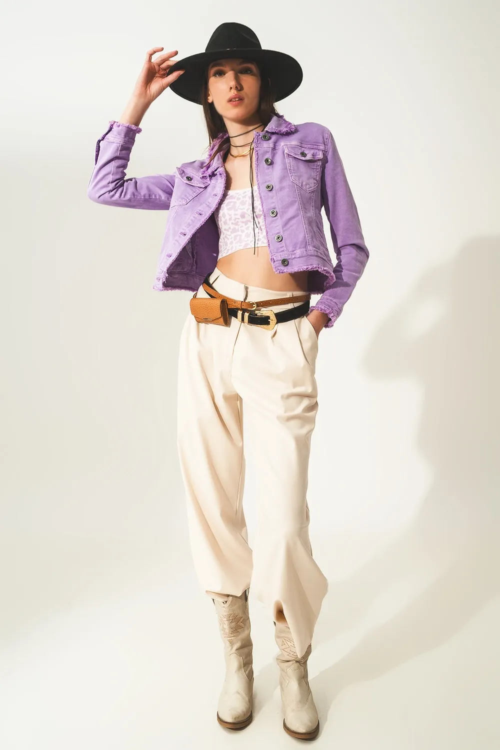Raw edge denim jacket in purple