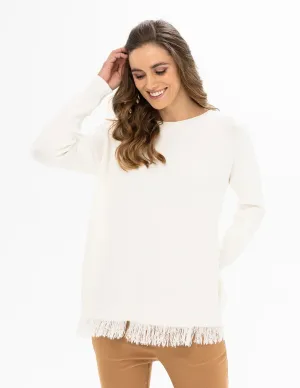 REN6874 Crop Round Neck Sweater W/Frayed Bottom