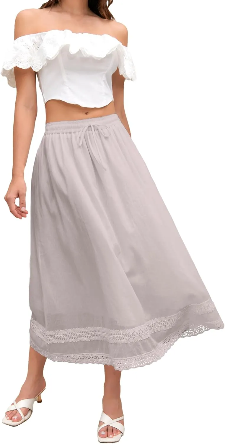 SANGTREE Women's Lace Cotton Linen Skirt Drawstring Waist A Line Beach Flowy Long Skirts