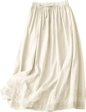 SANGTREE Women's Lace Cotton Linen Skirt Drawstring Waist A Line Beach Flowy Long Skirts