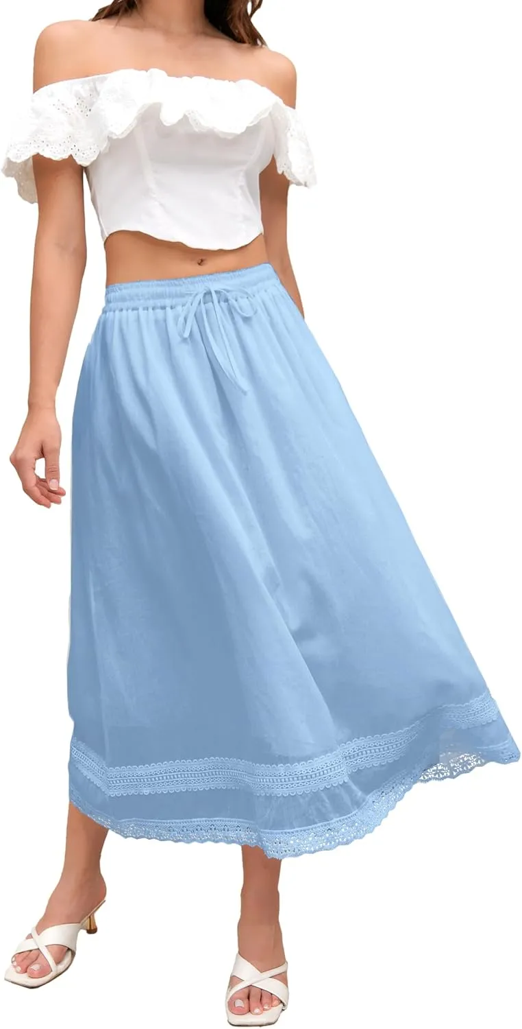 SANGTREE Women's Lace Cotton Linen Skirt Drawstring Waist A Line Beach Flowy Long Skirts