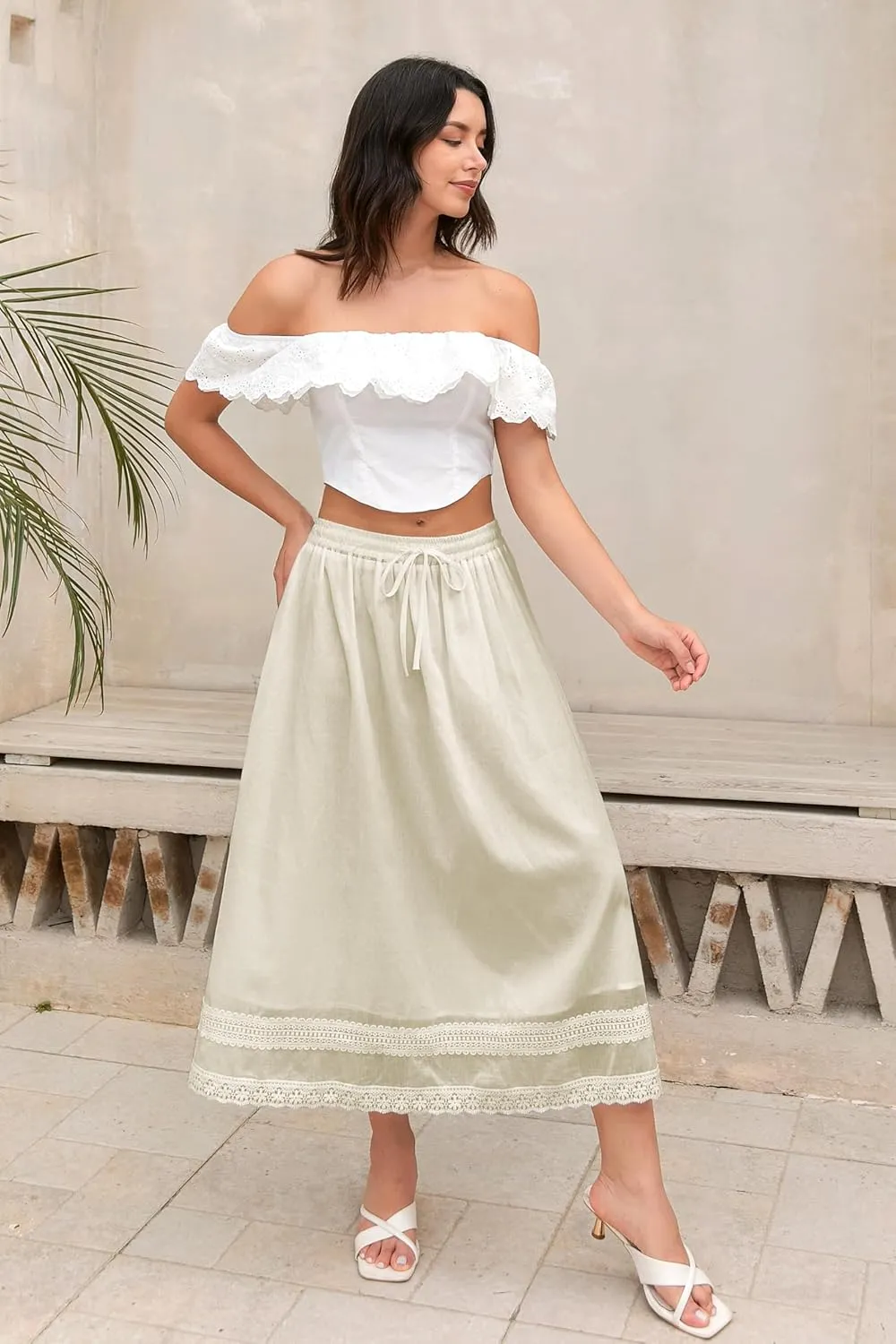 SANGTREE Women's Lace Cotton Linen Skirt Drawstring Waist A Line Beach Flowy Long Skirts