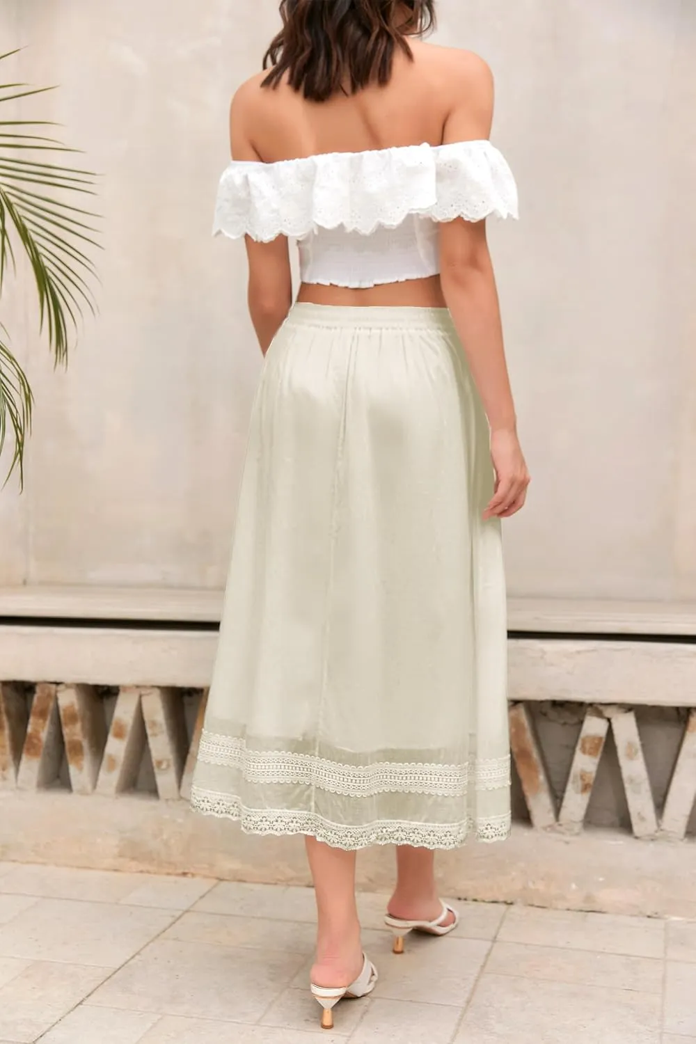 SANGTREE Women's Lace Cotton Linen Skirt Drawstring Waist A Line Beach Flowy Long Skirts