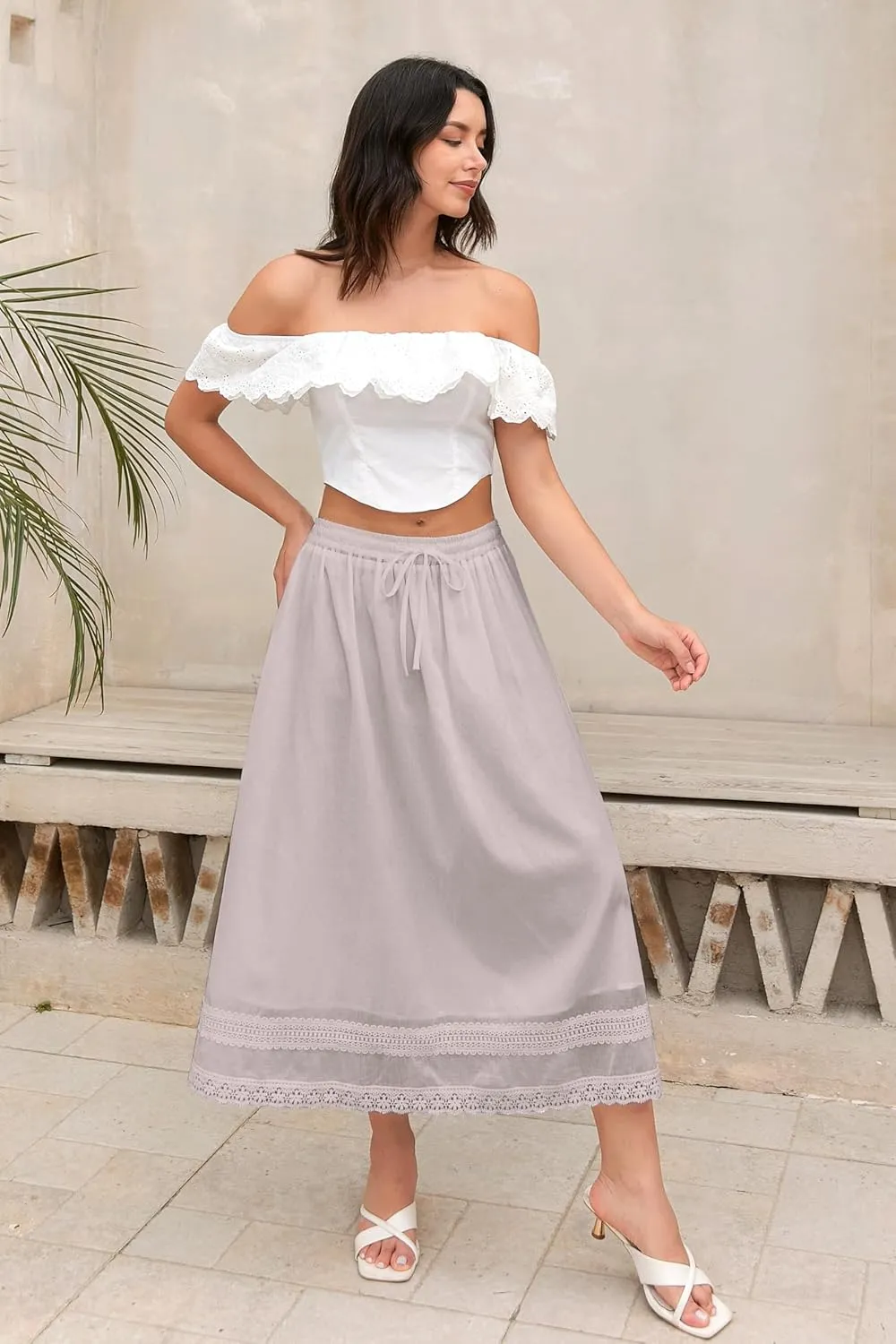 SANGTREE Women's Lace Cotton Linen Skirt Drawstring Waist A Line Beach Flowy Long Skirts