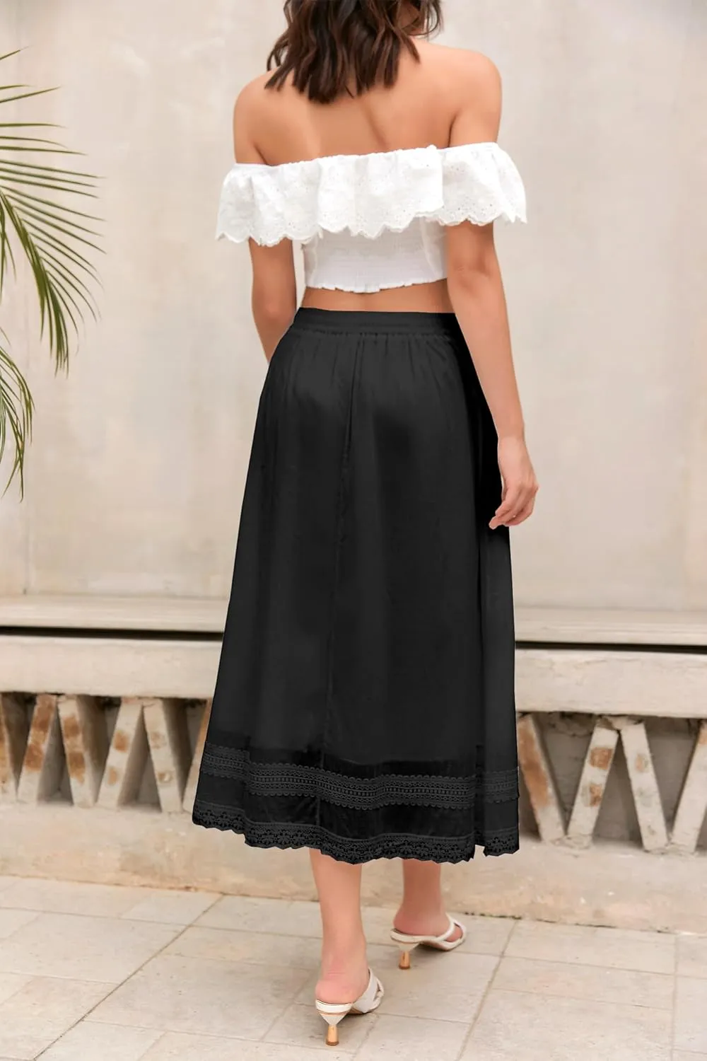 SANGTREE Women's Lace Cotton Linen Skirt Drawstring Waist A Line Beach Flowy Long Skirts