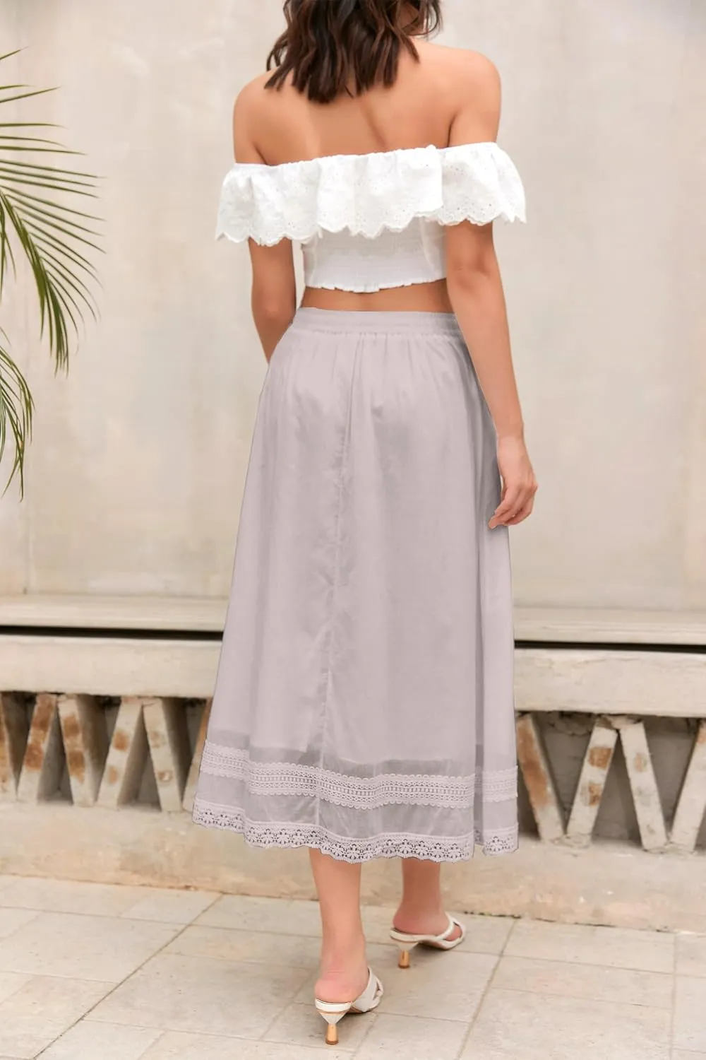 SANGTREE Women's Lace Cotton Linen Skirt Drawstring Waist A Line Beach Flowy Long Skirts