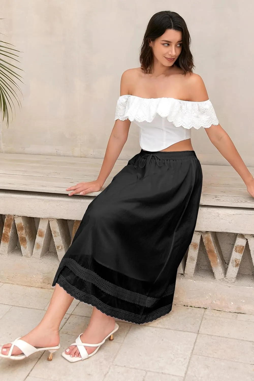 SANGTREE Women's Lace Cotton Linen Skirt Drawstring Waist A Line Beach Flowy Long Skirts