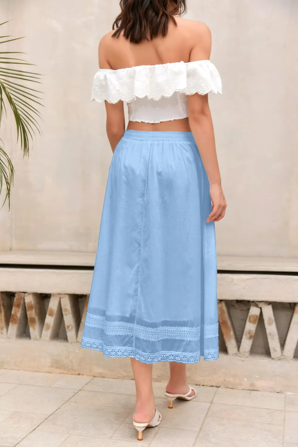 SANGTREE Women's Lace Cotton Linen Skirt Drawstring Waist A Line Beach Flowy Long Skirts