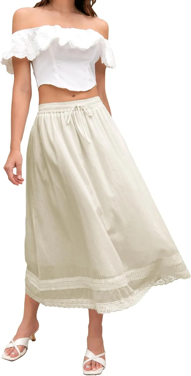 SANGTREE Women's Lace Cotton Linen Skirt Drawstring Waist A Line Beach Flowy Long Skirts