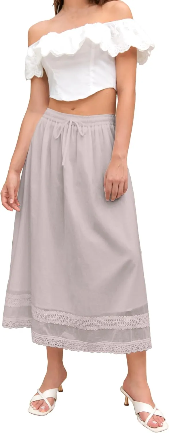 SANGTREE Women's Lace Cotton Linen Skirt Drawstring Waist A Line Beach Flowy Long Skirts