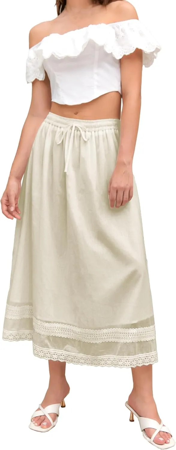 SANGTREE Women's Lace Cotton Linen Skirt Drawstring Waist A Line Beach Flowy Long Skirts
