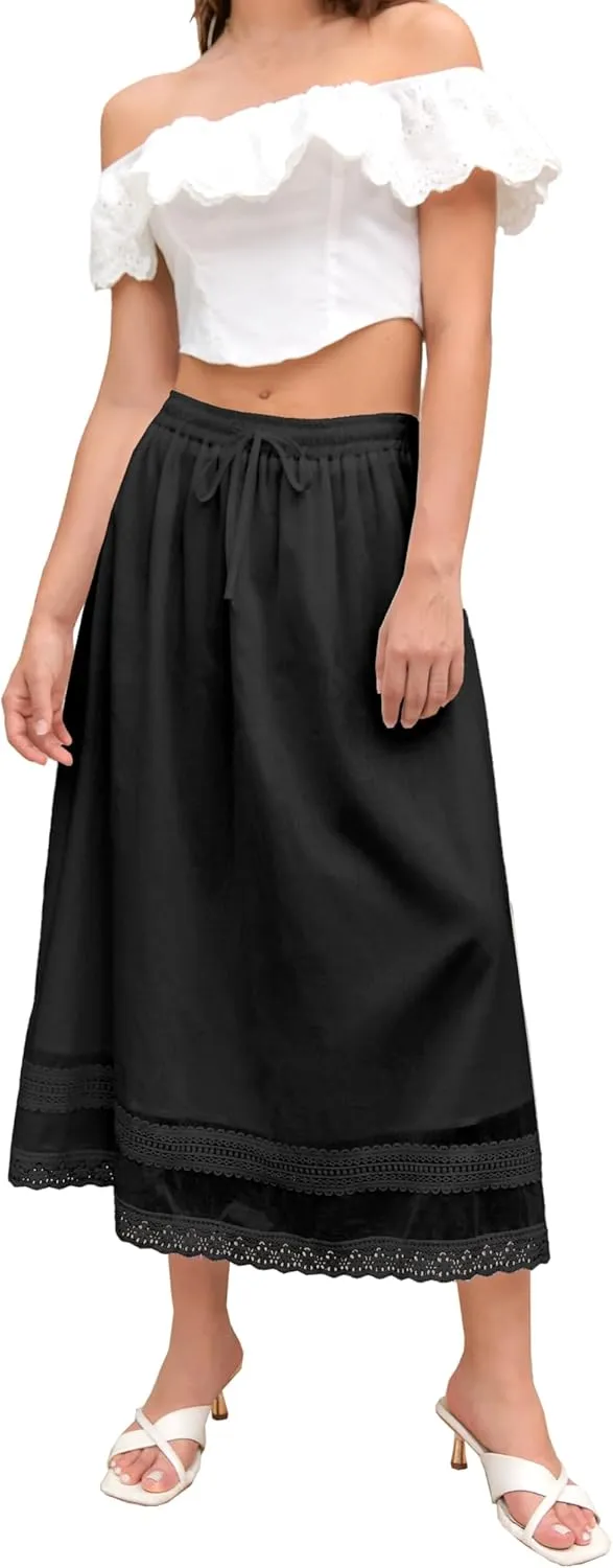 SANGTREE Women's Lace Cotton Linen Skirt Drawstring Waist A Line Beach Flowy Long Skirts