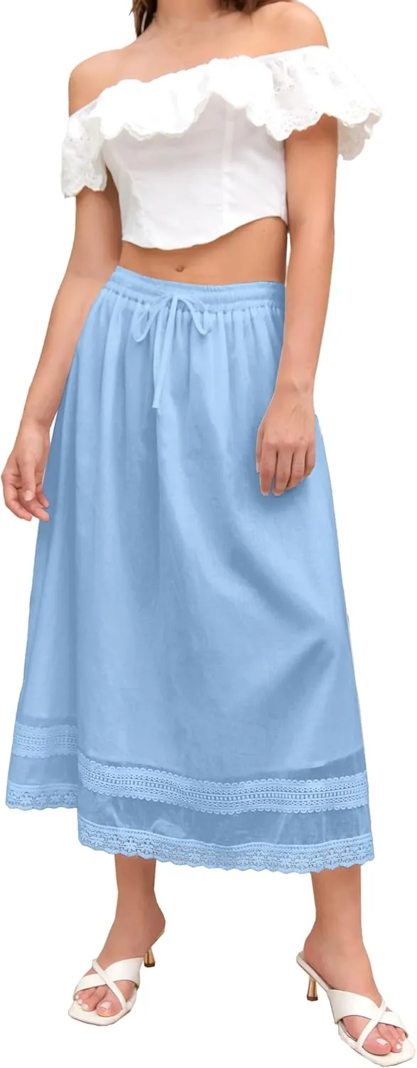 SANGTREE Women's Lace Cotton Linen Skirt Drawstring Waist A Line Beach Flowy Long Skirts