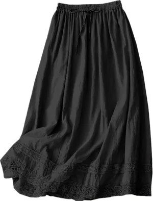 SANGTREE Women's Lace Cotton Linen Skirt Drawstring Waist A Line Beach Flowy Long Skirts