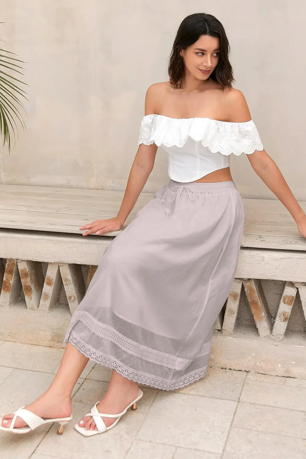 SANGTREE Women's Lace Cotton Linen Skirt Drawstring Waist A Line Beach Flowy Long Skirts