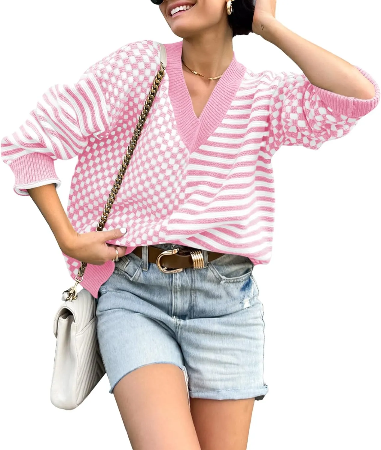 Saodimallsu Womens Checkered Striped Sweater V Neck Long Sleeve 2024 Fall Trendy Loose Knit Cozy Pullover Tops