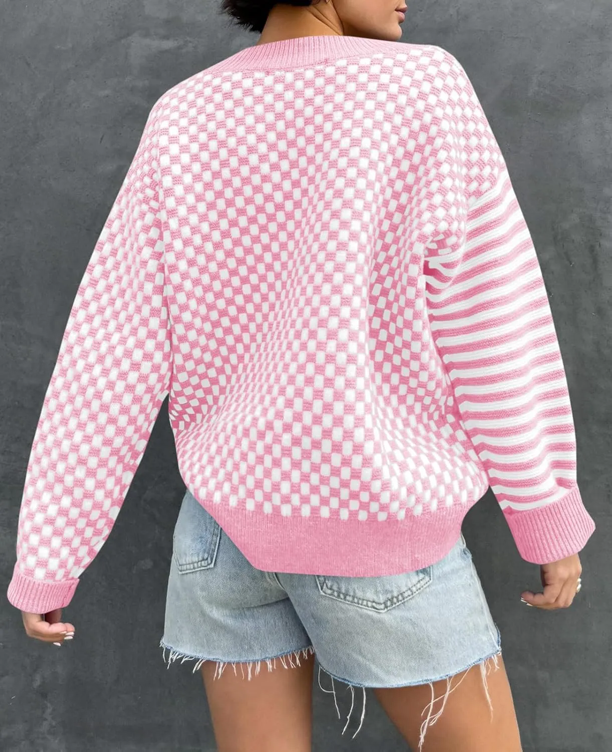 Saodimallsu Womens Checkered Striped Sweater V Neck Long Sleeve 2024 Fall Trendy Loose Knit Cozy Pullover Tops