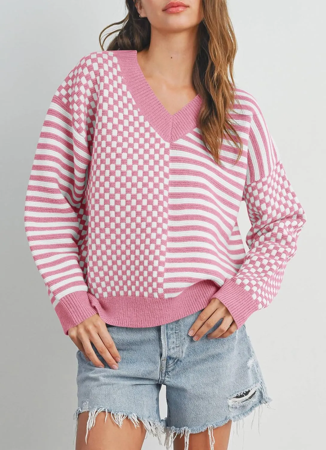Saodimallsu Womens Checkered Striped Sweater V Neck Long Sleeve 2024 Fall Trendy Loose Knit Cozy Pullover Tops