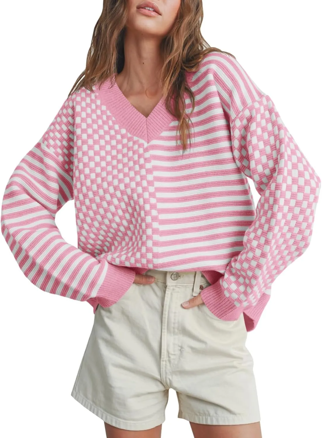Saodimallsu Womens Checkered Striped Sweater V Neck Long Sleeve 2024 Fall Trendy Loose Knit Cozy Pullover Tops