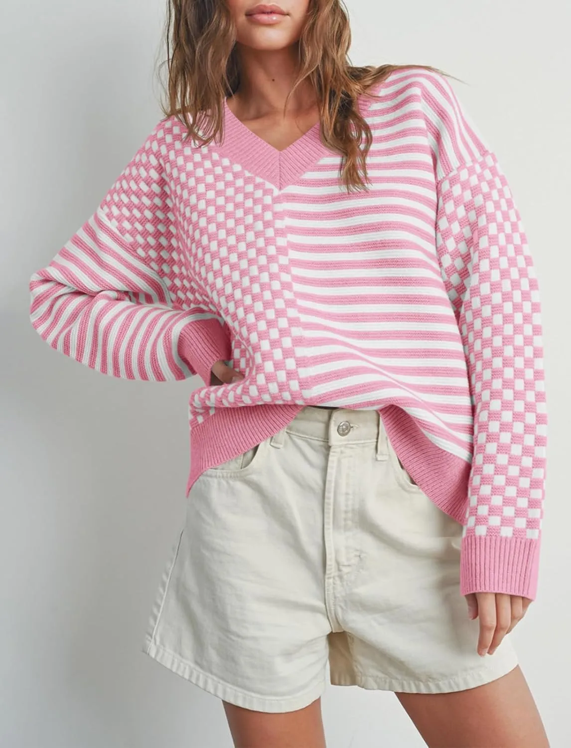 Saodimallsu Womens Checkered Striped Sweater V Neck Long Sleeve 2024 Fall Trendy Loose Knit Cozy Pullover Tops