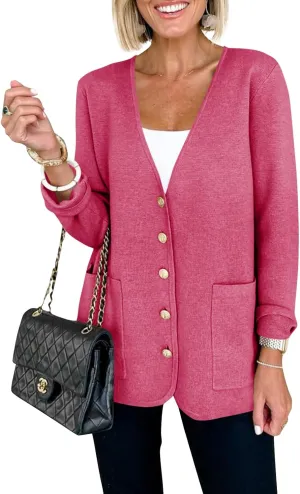 Saodimallsu Womens V Neck Cardigan Button Loose Knit Sweater Blazer Open Front Elegant Cardigans with Pockets