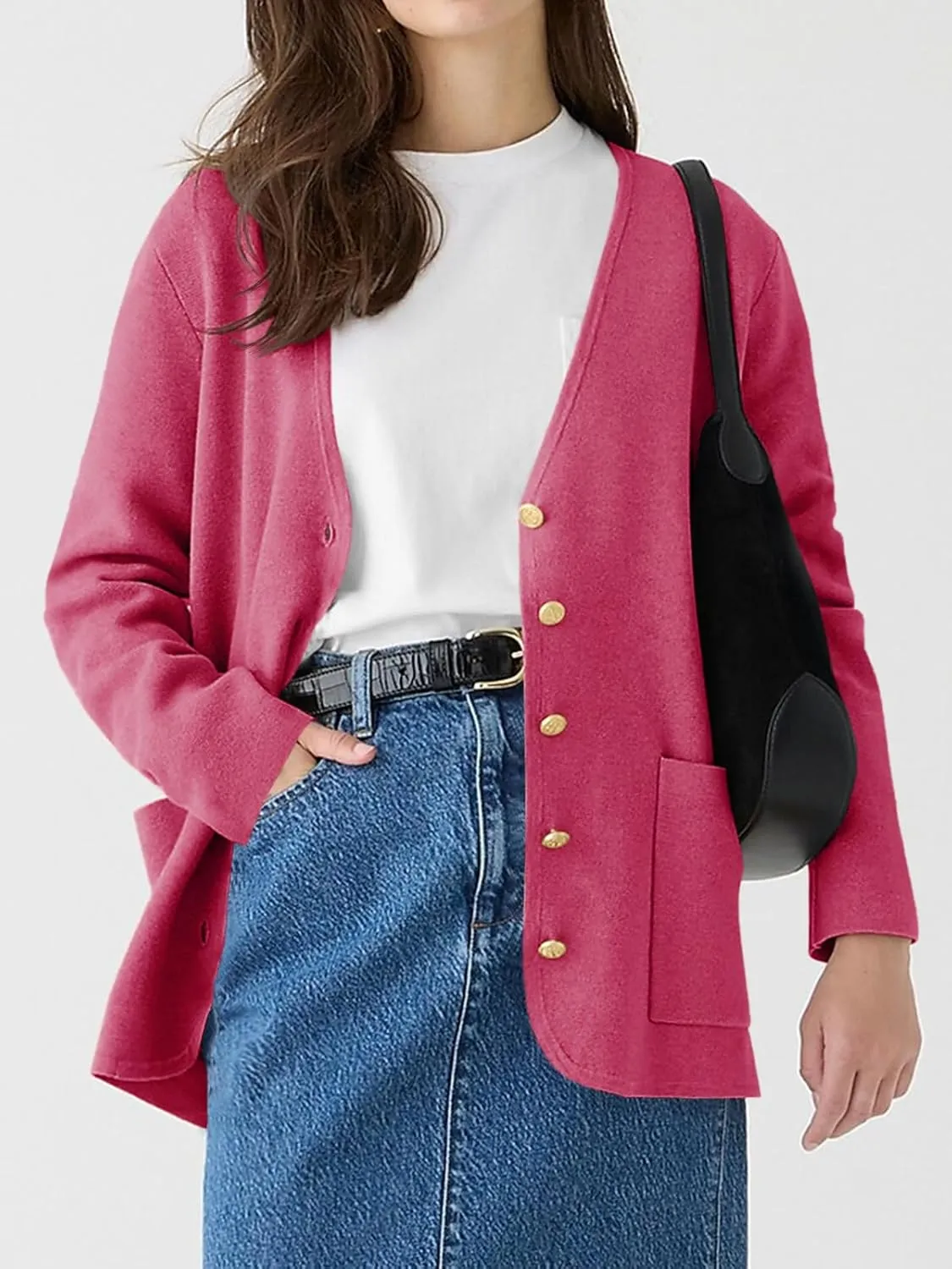 Saodimallsu Womens V Neck Cardigan Button Loose Knit Sweater Blazer Open Front Elegant Cardigans with Pockets